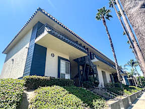 Charming Exterior of Oro Apartment Homes surrounded by lush greenery and palm tree lined sidewalks