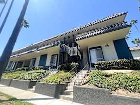 Charming Exterior of Oro Apartment Homes surrounded by lush greenery and palm tree lined sidewalks