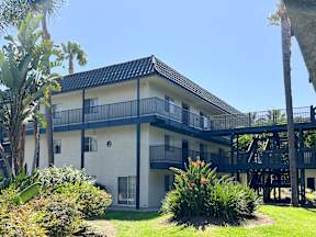 Cozy exterior of Oro Apartments from the interior courtyard with lush greenery, poolside views and more!