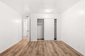A room with a white door and a white closet.