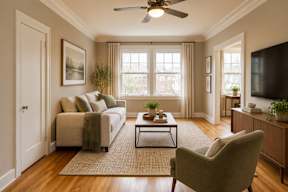 A living room with a couch, chair, and a ceiling fan.