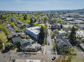 A view of a town from a high vantage point.