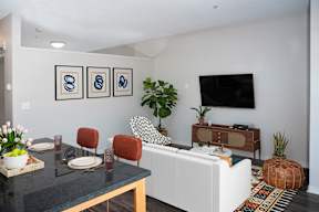 Living room with TV at Zest, Minneapolis, Minnesota