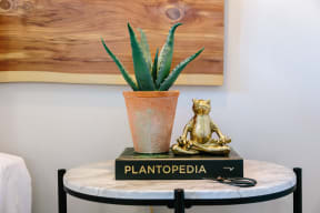 a side table with a plant and a gold bear on it at Tapestry at Hollingsworth Park