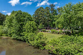 A serene landscape with a pond, trees, and a wooden structure.