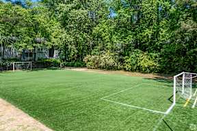 A soccer field with a goalpost on the right side.