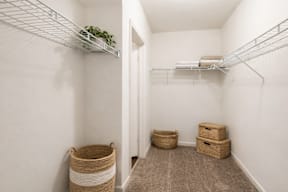 A white closet with a plant on the shelf and three baskets on the floor.
