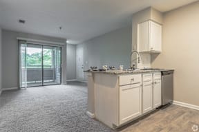 A kitchen with a counter and cabinets.