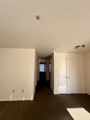 A room with white walls and carpeted floor.