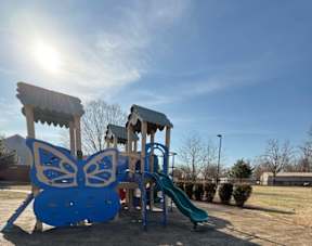 A playground with a blue butterfly slide and a green slide.