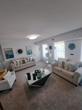 a living room with two couches and a coffee table