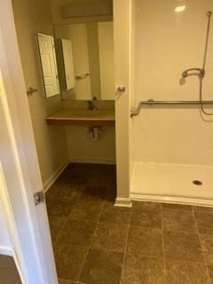 a bathroom with a sink shower and mirror