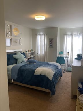 a bedroom with a bed and a desk