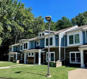 a row of houses with trees in the background