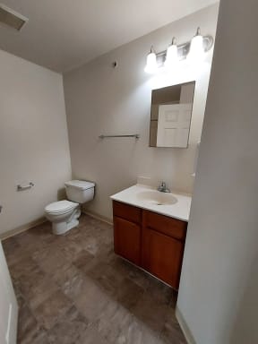 a bathroom with a toilet sink and mirror