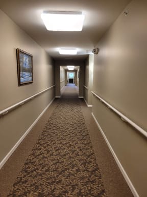 a hallway with a carpeted floor and white railings