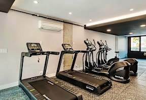 A gym with treadmills and exercise bikes.