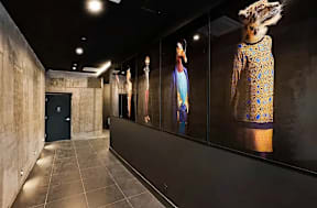 A hallway with a series of framed pictures on the wall.
