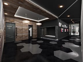 A black and white checkered floor in a modern room.