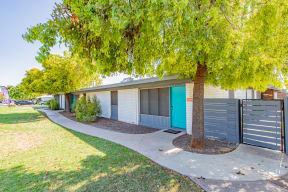 a building with a blue door and a tree in front of it