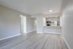 A kitchen area with a countertop and cabinets is visible through a doorway at Sofia Apartments, Tempe, 85283