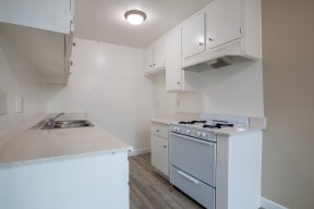 an empty kitchen with white cabinets and a stove and a sink