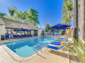 a swimming pool with blue chairs and umbrellas