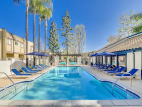 a swimming pool with blue lounge chairs and umbrellas