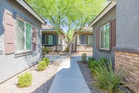 a walkway between two houses with trees and plants at Villas on Olive, Peoria, AZ 85345