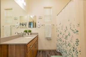 a bathroom with a shower and a sink and a mirror at Villas on Olive, Peoria, Arizona