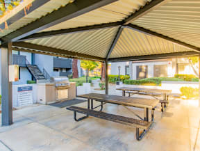 a patio with picnic tables and a grill outside of a building at Metro 3610, California