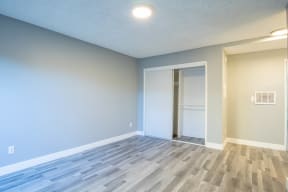 an empty living room with blue walls and a door to a closet