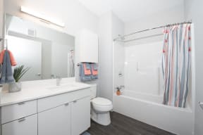 a bathroom with a shower and a sink and a toilet