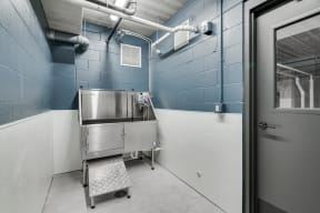 a stainless steel sink in a room with blue and white walls