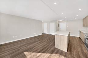 a kitchen and living room in a 555 waverly unit