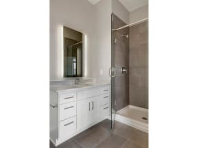 Bathroom vanity and tiled walk-in shower