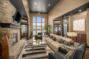 a living room with a couch and a fireplace and a television