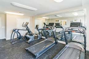A gym with treadmills and elliptical machines.