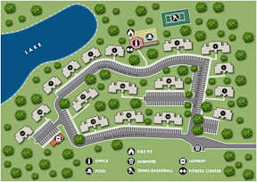 A map of a university campus with a lake and various facilities.