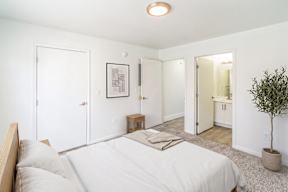 A bedroom with a bed, a small table, and a plant.