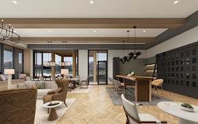 A modern living room with a dining area and a kitchen in the background.