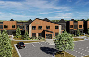 Modern townhome building exterior with parking at The Villas at Sand Lake Resort Apartments, Sturgeon Lake, 55783
