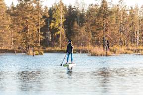 A person is paddleboarding on a calm lake surrounded by trees.