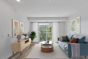 a living room with a blue couch and a coffee table