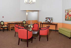 Lobby with bright colored furniture