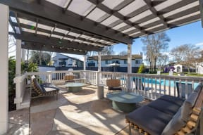 a patio with a pool and chairs and a pergola at Diablo Vista, California