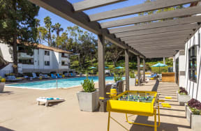 the pool area at the club with yellow tables and chairs at La Jolla Blue, San Diego, CA