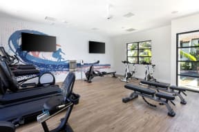 a gym with cardio equipment and a wall mural of the beach at La Jolla Blue, San Diego California