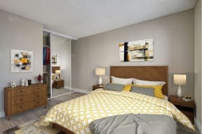 a bedroom with a bed and a yellow and white comforter at La Jolla Blue, California, 92122