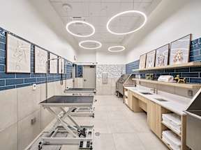A modern kitchen with a sink, stove, and fridge.